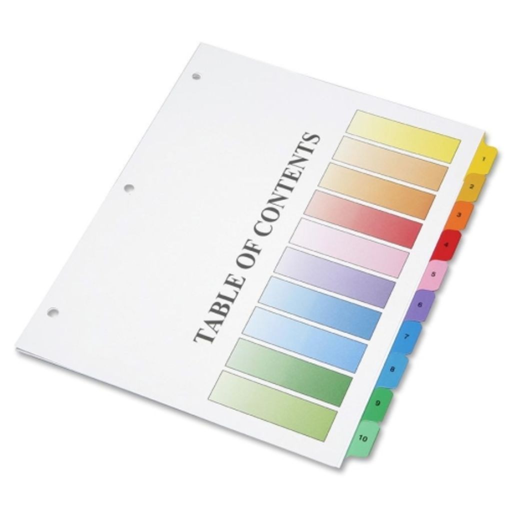 NUMERIC INDEX SHEETS TABS 1 TO 10, ASSORTED COLORS, 8 1/2 X 11, 140 SETS/BOX