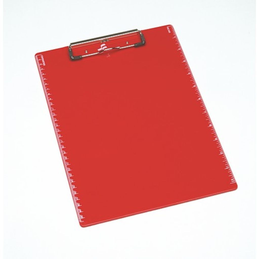 CLIPBOARD, PLASTIC, RECYCLED, RED WITH RULER, 9 X 12