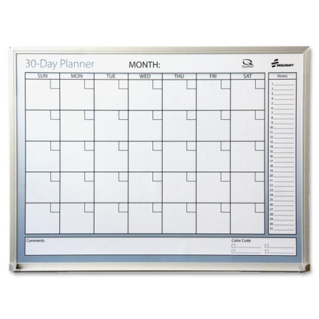 30DAY MONTHLY CONTROL PLANNER BOARD, 24 WIDE X 18 HIGH. ORGANIZER FEATURES RULED SECTION FOR NOTES, ALUMINUM FRAMED BOARD HAS A MYLAR LAMINATED SURFACE THAT CAN BE ERASED WITH A DAMP CLOTH.
