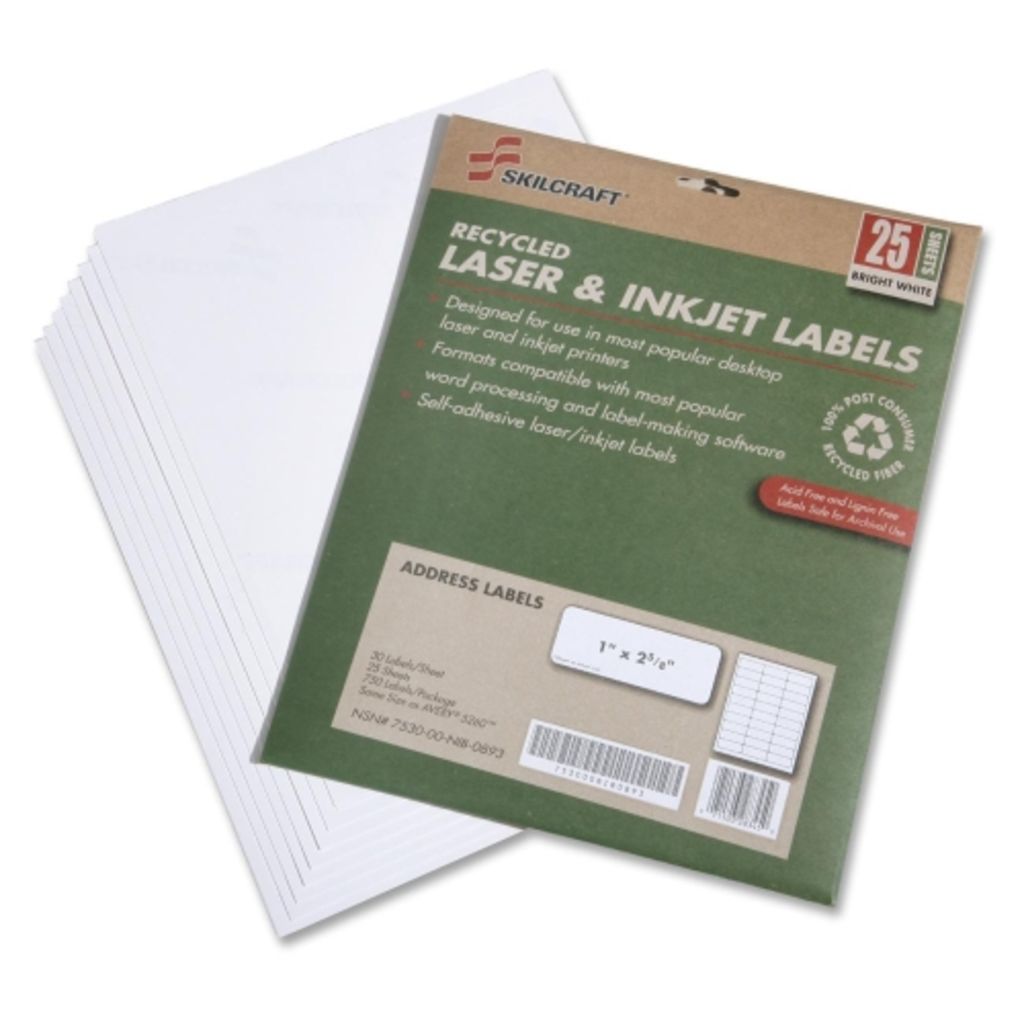 RECYCLED LABELS, PERMANENT, 1 X 25/18 INS.,WHITE ADDRESS LABELS, 750 COUNT