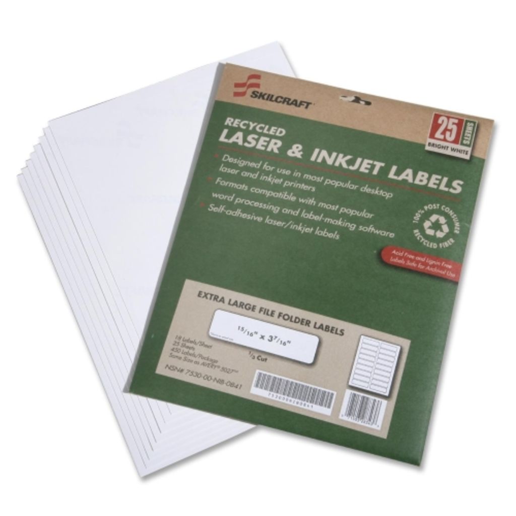 RECYCLED LABELS, PERMANENT, 15/16 X 37/16 INS.,WHITE EXTRA LARGE FILE FOLDER LABELS