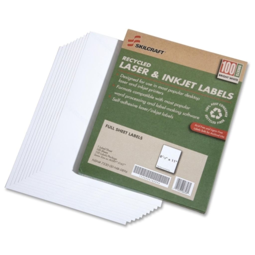 RECYCLED LABELS, PERMANENT, 8 1/2 X 11 INS.,WHITE FULL SHEET LABELS, 100 COUNT