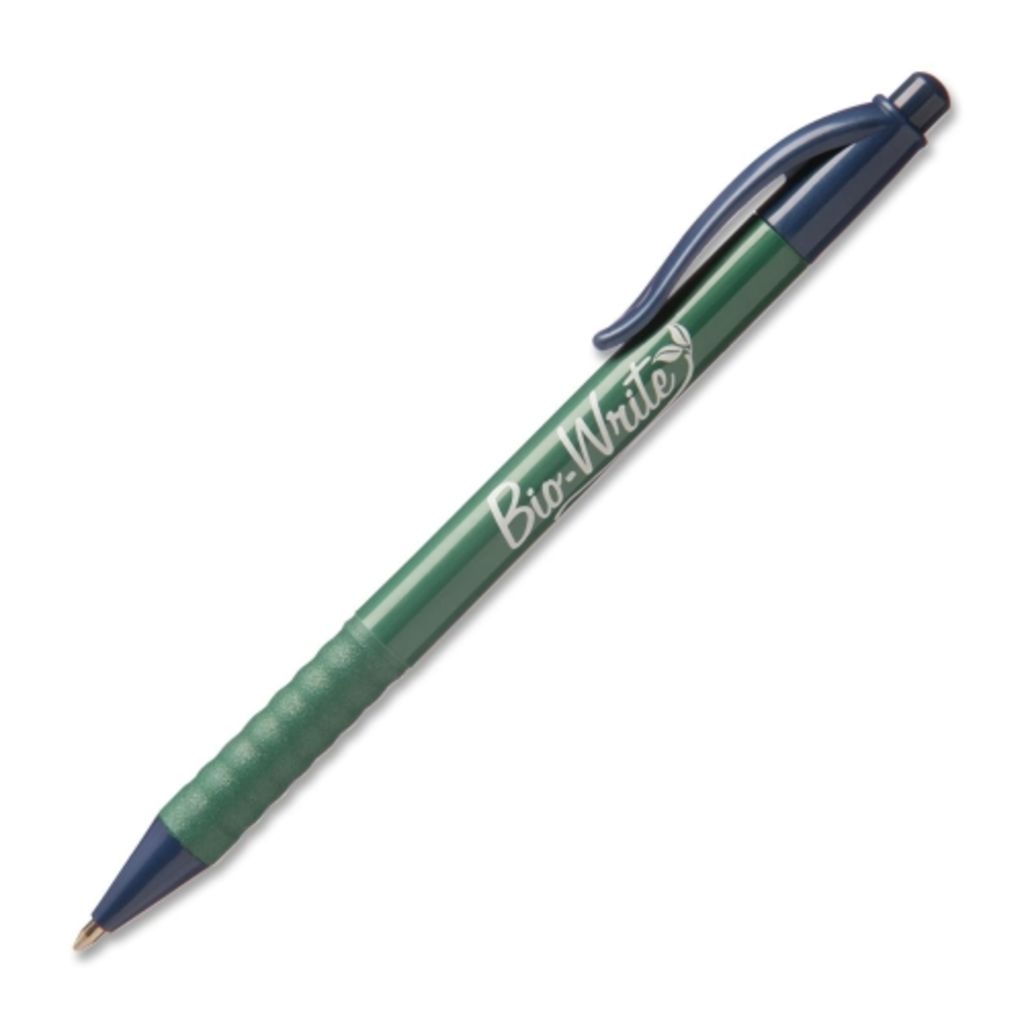 Ballpoint pen made using cornstarchbased BioPlasticPackaging is made of recycled PET materialsBlue barrel; accent color matches ink colorInk is permanent, longlasting, airplanesafe and reliable; retractableRefillable; fine point; Blue ink