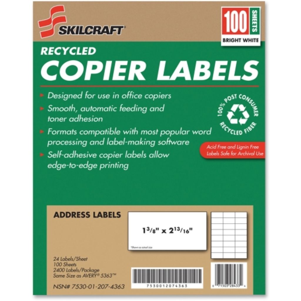 Delivers edgetoedge printing, smooth automatic feeding and toner adhesionAcidfree, ligninfree and archivalsafeCompatible with word processing and labelmaking software100% recycled material13/8 x 213/16; 2400 labels per box