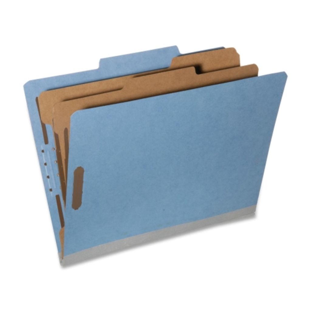 BLUE, LETTER SIZE, CLASSIFICATION FOLDER , 6SECTIONS AND FASTENERS ON BOTH SIDES OF THE TWO INNER DIVIDERS AND INSIDE COVERS. HAS A 2 CAPACITY.