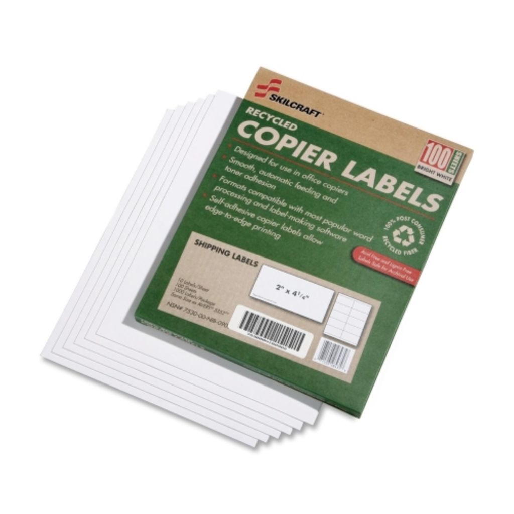 Environmentally friendly; allows edgetoedge printingAcidfree, ligninfree and chlorinefree; compatible with laser/inkjet printers and copiers2 x 41/4; 1000 labels per box100% postconsumer material