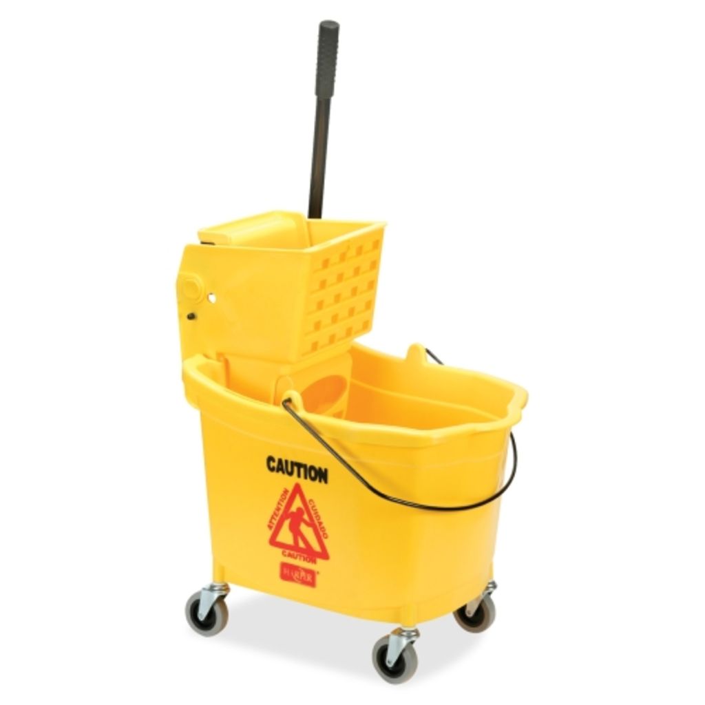 THIS 26 TO 35QUART PLASTIC MOPPING BUCKET FEATURES WIDESTANCE CASTERS AND A METAL BAIL. A PLASTIC SIDEWARD PRESS WRINGER ACCOMMODATES 12 TO 32OUNCE MOP HEADS AND HAS A METAL HANDLE. WRINGER IS REMOVABLE FROM THE BUCKET.