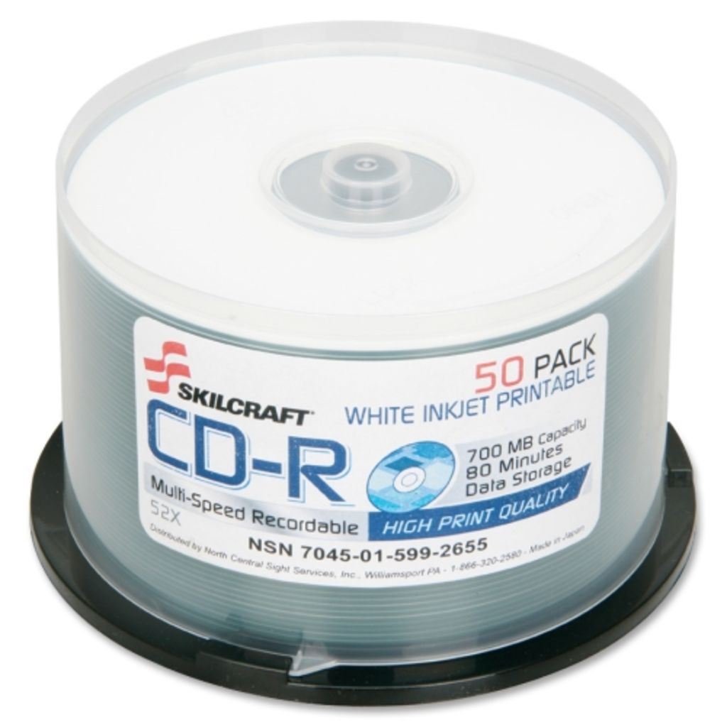 COMPACT DISC, RECORDABLE, 50 CDS ON SPINDLE, WHITE INK JET PRINTABLE, SILVER