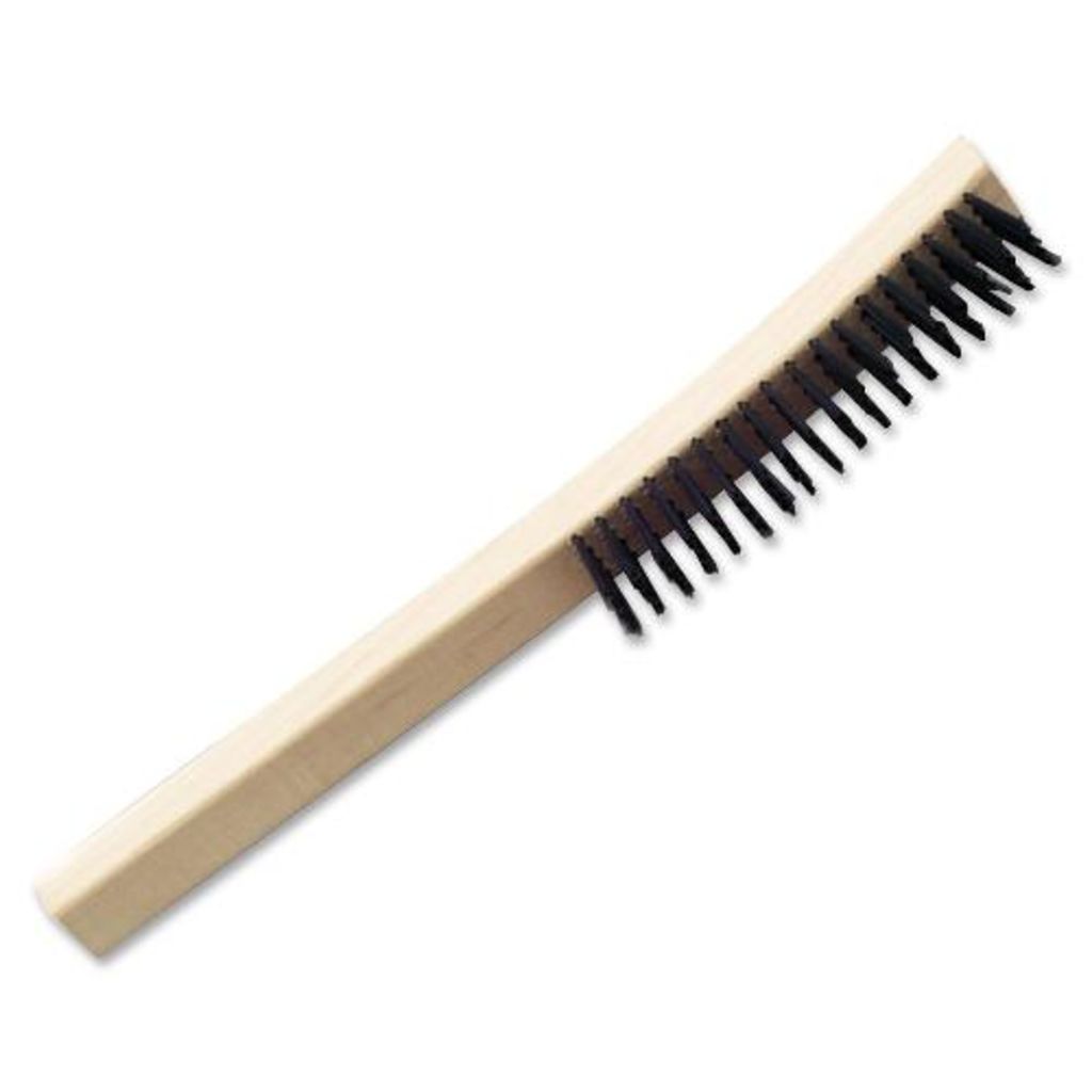 SCRUB AWAY PAINT, RUST AND ACID STAINS WITH THIS STEELWIRE BRUSH. 1 1/8 CARBON STEEL, WIRE BRISTLES ARE ARRANGED IN 4 X 18 ROWS. WOODEN OR MOLDED PLASTIC ROCKER BLOCK HAS A 13 3/4 X 1 1/4 X 3/8 INTEGRAL CURVED HANDLE..13 3/4 IN. X 1 1/4 IN. X 3/8 IN.