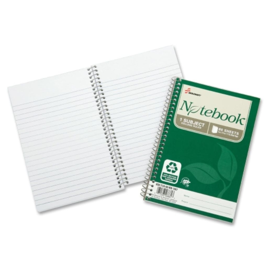 NOTEBOOK, SPIRAL BOUND, 100% PCW, 5X7 1/2, 80 SHEETS, COLLEGE RULE, WHITE