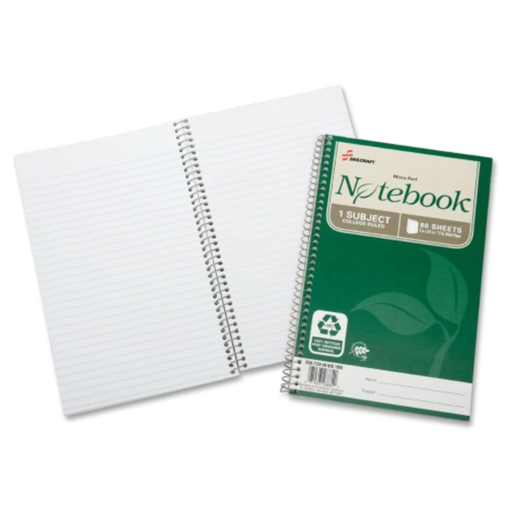 NOTEBOOK, SPIRAL BOUND, 100% PCW, 6X9 1/2, 80 SHEETS, COLLEGE RULE, WHITE
