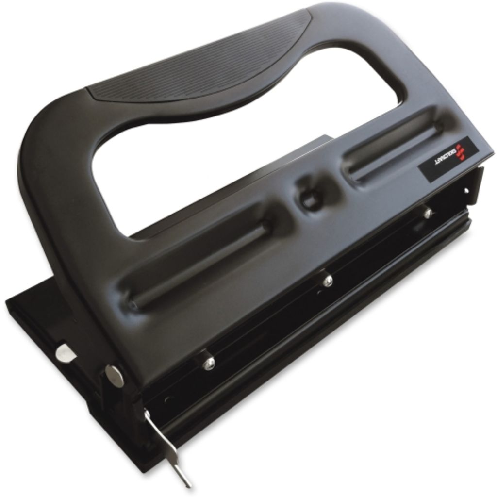 HOLE PUNCH, PAPER, HIGHCAPACITY, 3HOLE, ADJUSTABLE, 32 SHEET CAPACITY, BLACK BASE, METALLIC HANDLE