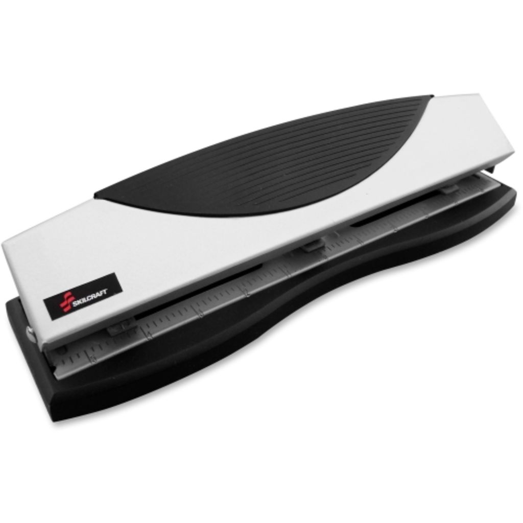 HOLE PUNCH, PAPER, DESKTOP, 3HOLE, ADJUSTABLE, 15 SHEET CAPACITY, METALLIC BASE, BLACK GRIP
