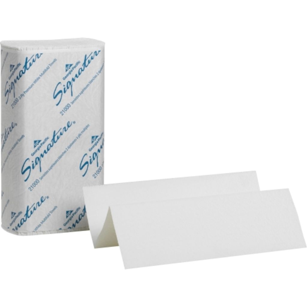 GEORGIA PACIFIC CORP  SIGNATURE 2PLY MULTIFOLD TOWELS, 91/4X91/2, 2000/CT, WE  COLOR: WHITE  PN: OS3AGEP21000  DURABLE, PREMIUM MULTIFOLD PAPER TOWELS FIT ALL STANDARDSIZED TOWEL DISPENSERS FOR FOLDED TOWELS. TWOPLY TOWELS ARE ULTRA WHITE AND ABSORBENT FO