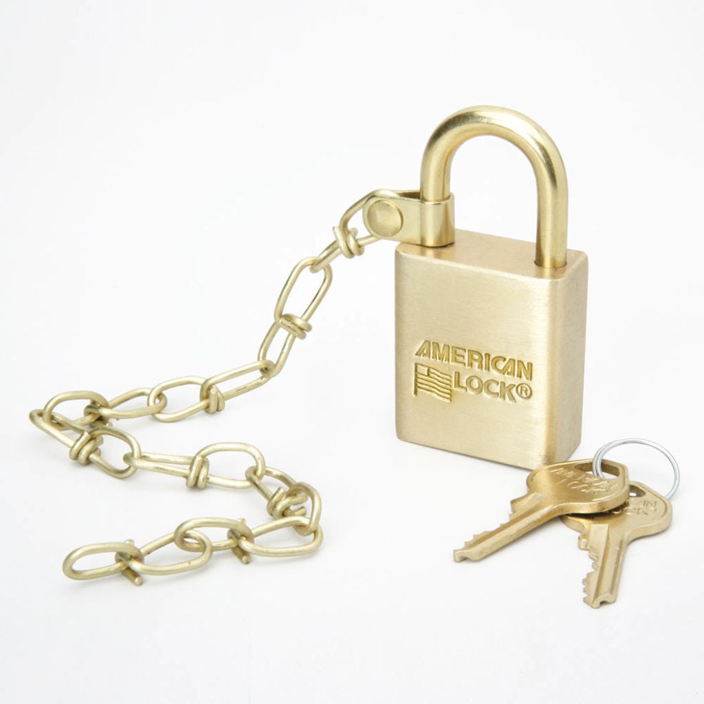 Padlocks, Solid Case  Padlock Set, Solid Case, 1.5 Wide Brass, 3 Keys, Keyed Alike, w/Chain, 5/SET. NSN 5340015881676