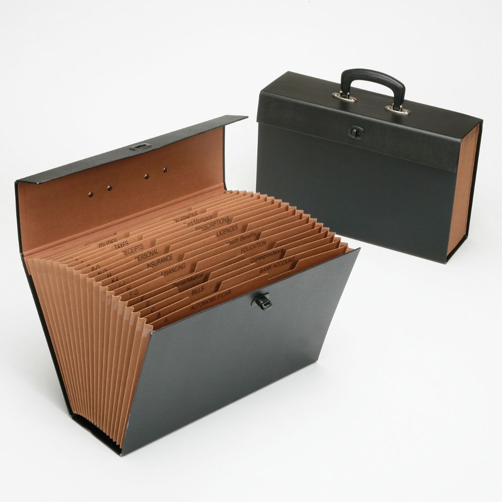 FILE STORAGE BOX, EXPANDING, 19 TAB, ALPHA/SUBJECT, LATCH CLOSURE, PRESSBOARD AND KRAFT PAPER, BLACK