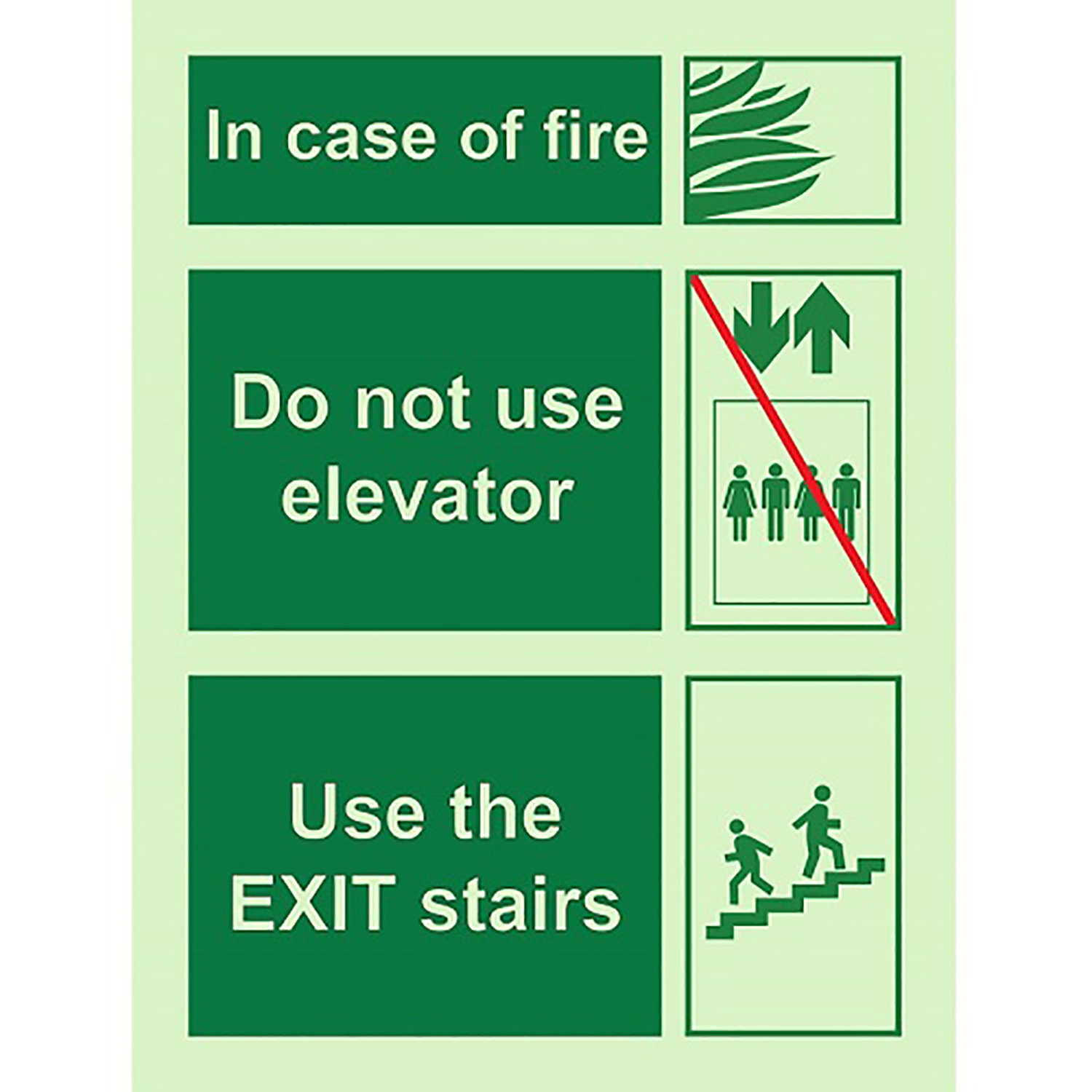 Photoluminescent In Case of Fire Sign 12 x 9 Green In Case of Fire Sign
