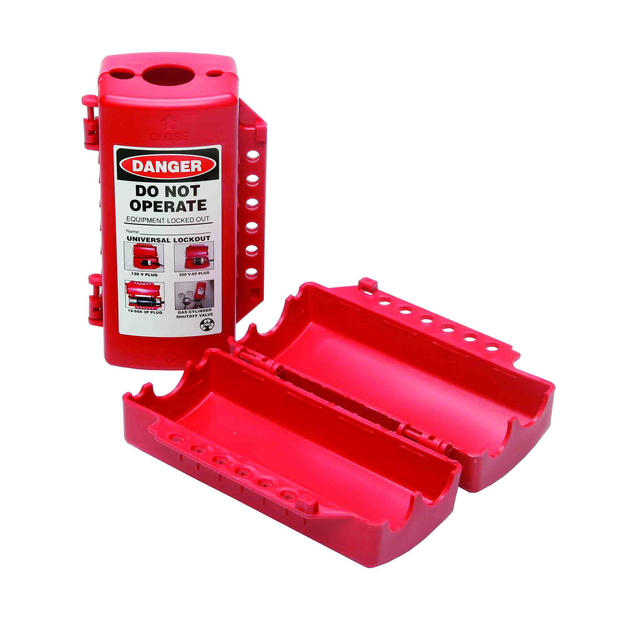 Lockout plugs, forklifts, or gas cylinders with SKILCRAFT Universal Lockout Devices.   Red NA Universal