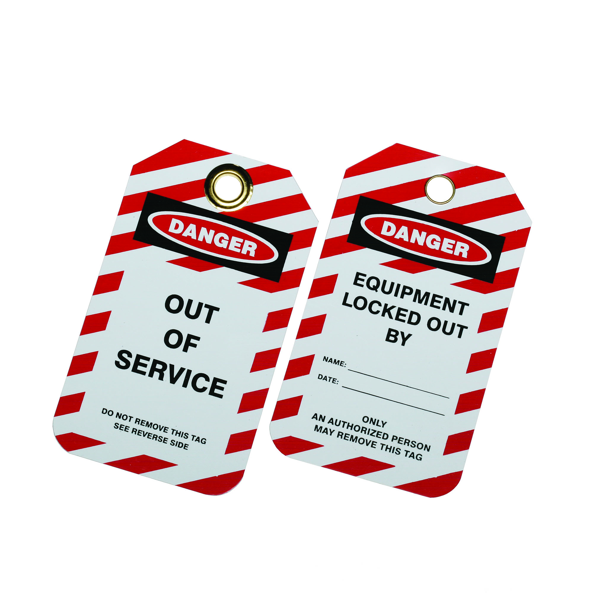 SKILCRAFT Out of Service lockout safety tagsare made from 0.055 thick plastic with a reinforced brass grommet.  Accepts one (1) padlock per tag.  Tags are red striped with white boarders to attract attention. Red/White NA Out of Service