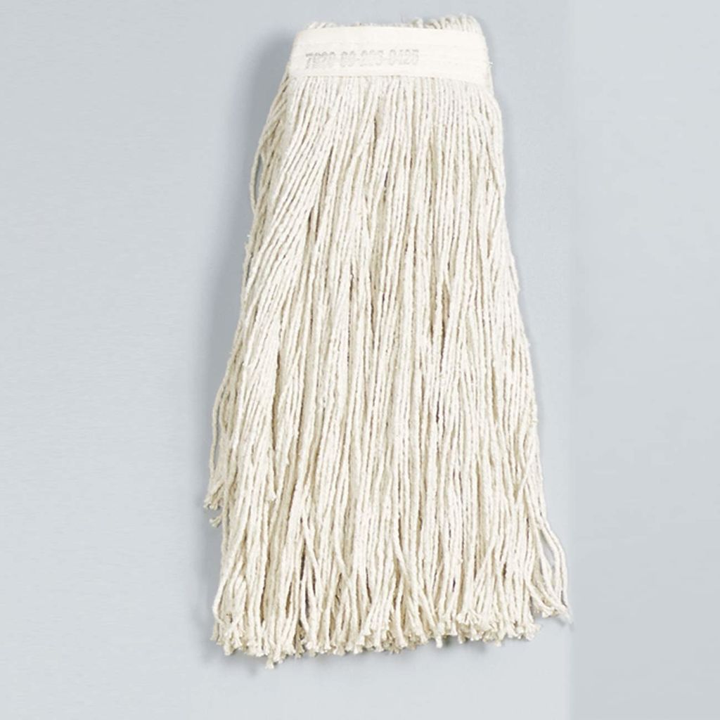 MOP HEAD HAS 105 STRANDS OF YARN, EACH MEASURING 26 LONG. YARN IS EIGHTPLY, HIGHGRADE COTTON/SYNTHETIC BLEND WITH UNTAPED ENDS. MOP HEAD FOR WET MOPPING HAS NARROW, 11/4WIDE COTTON TWILL HEADBAND.