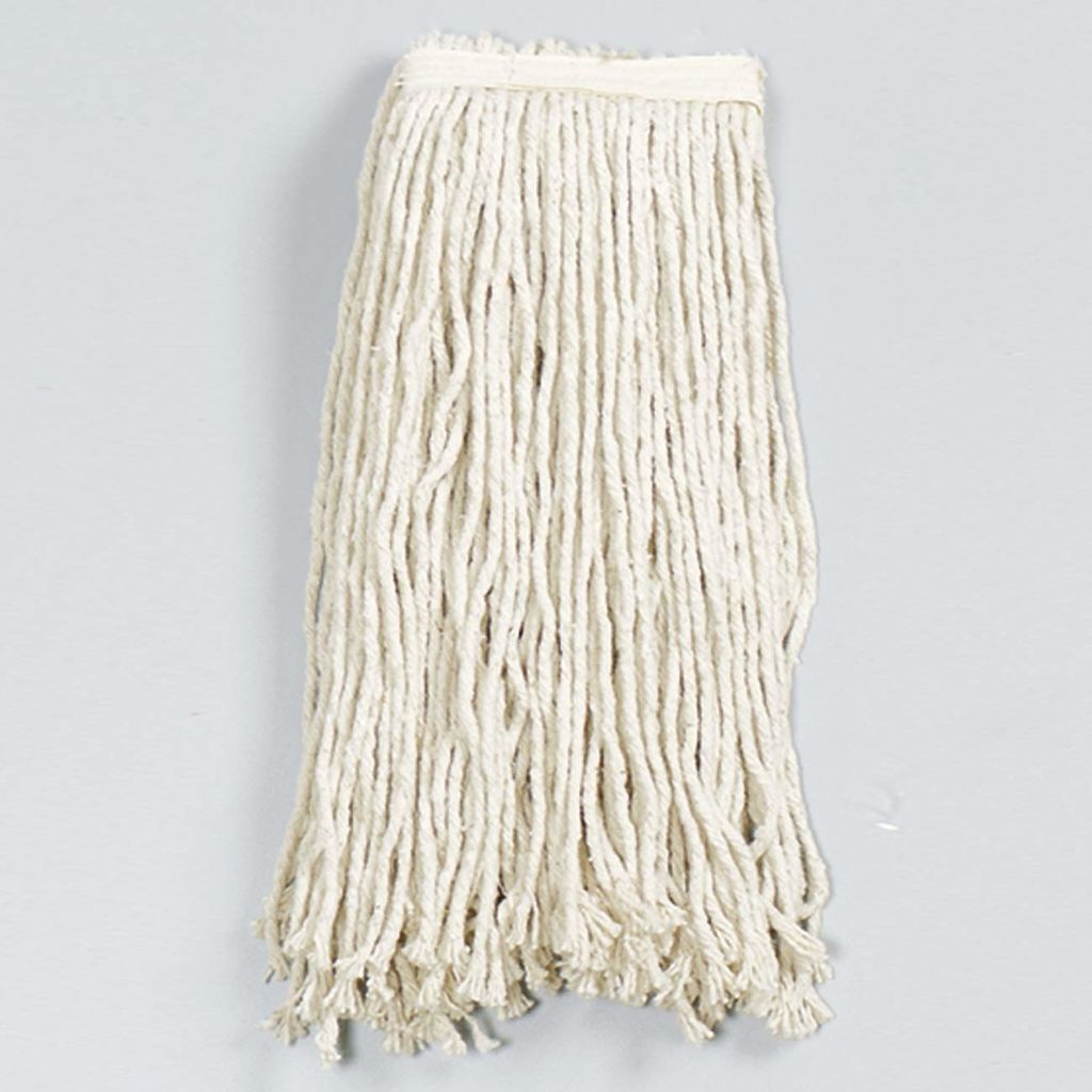 MOP HEAD HAS 120 STRANDS OF YARN, EACH MEASURING 31 LONG. YARN IS EIGHTPLY, HIGHGRADE COTTON/SYNTHETIC BLEND WITH UNTAPED ENDS. MOP HEAD FOR WET MOPPING HAS NARROW, 11/4WIDE COTTON TWILL HEADBAND.