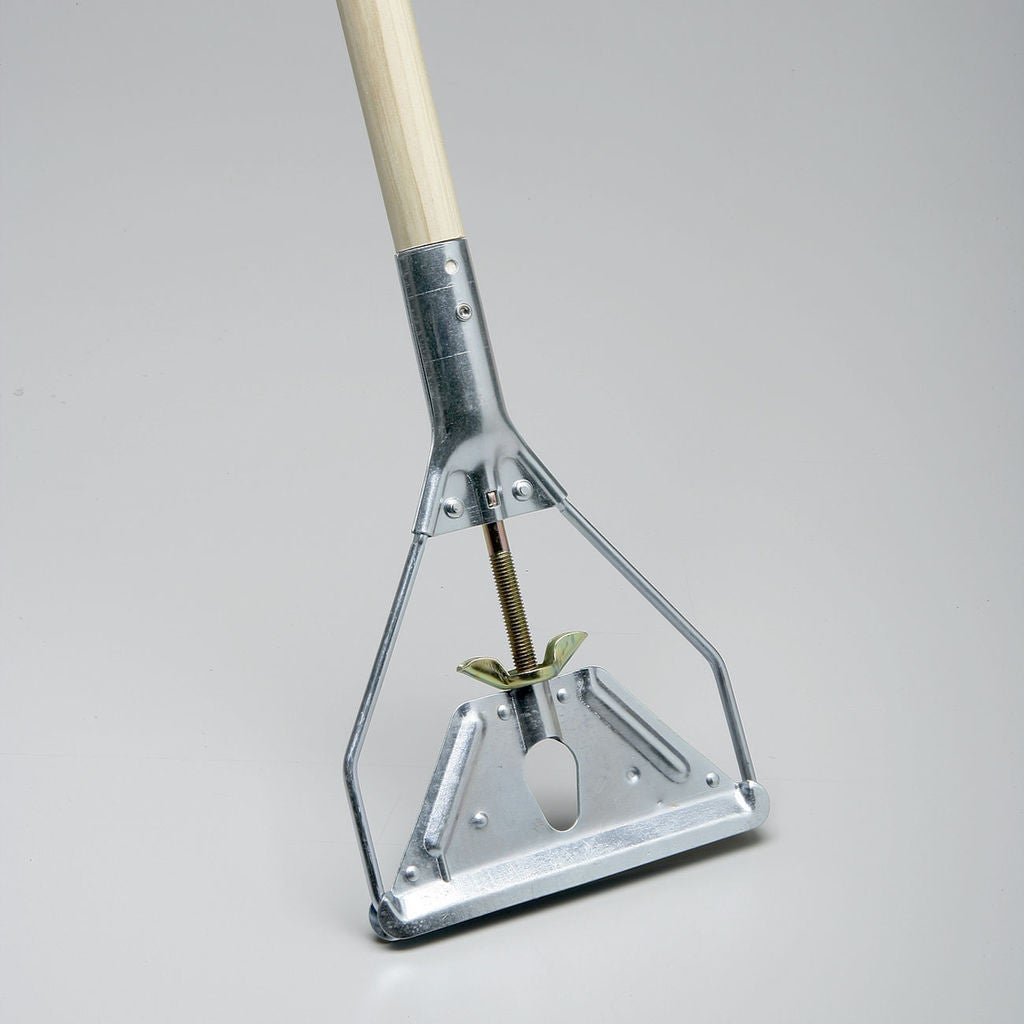 FEATURES A WOODEN HANDLE. MOP HANDLE IS DESIGNED FOR USE WITH A WETCLEANING MOP HEAD. IT INCLUDES A TIGHTENING DEVICE THAT FIRMLY HOLDS THE STEEL PLATE OF THE MOP HEAD AGAINST A STEEL WIRE BAIL. (TIGHTENING DEVICE IS A COMBINATION SCREW AND WING NUT TYPE)