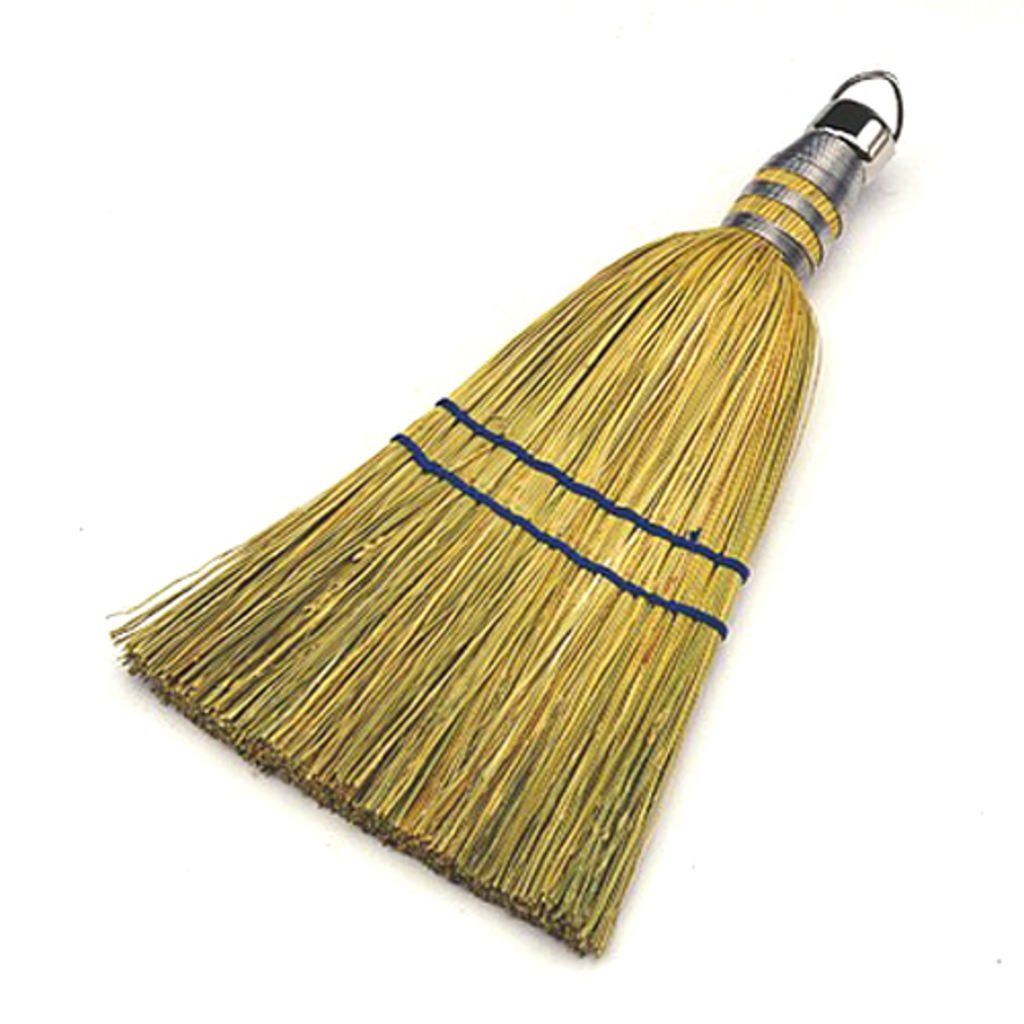 TACKLE QUICK CLEANUP JOBS WITH THIS 10 LONG WHISKBROOM MADE OF SECURELY WOUND AND STITCHED NATURAL CORN FIBERS. PLATED STEEL CAP WITH RING FOR HANGING.