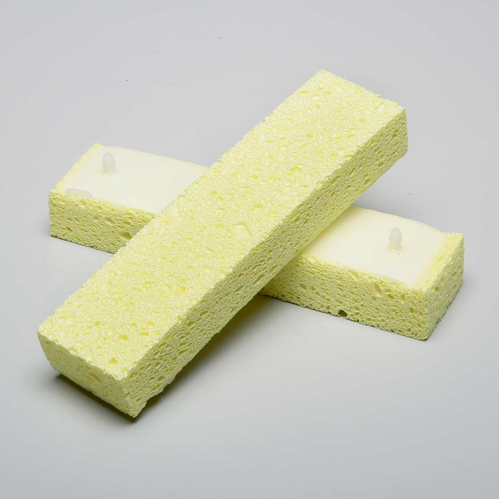 WASH FLOORS AND OTHER SURFACES WITH EASE. THE WOODEN MOP HANDLE INCLUDES AN INTEGRAL SQUEEZE MECHANISM THAT REMOVES EXCESS WATER FROM THE SPONGE. SPONGE IS 8 1/4 X 2 X 1 1/4 AND IS REPLACEABLE.