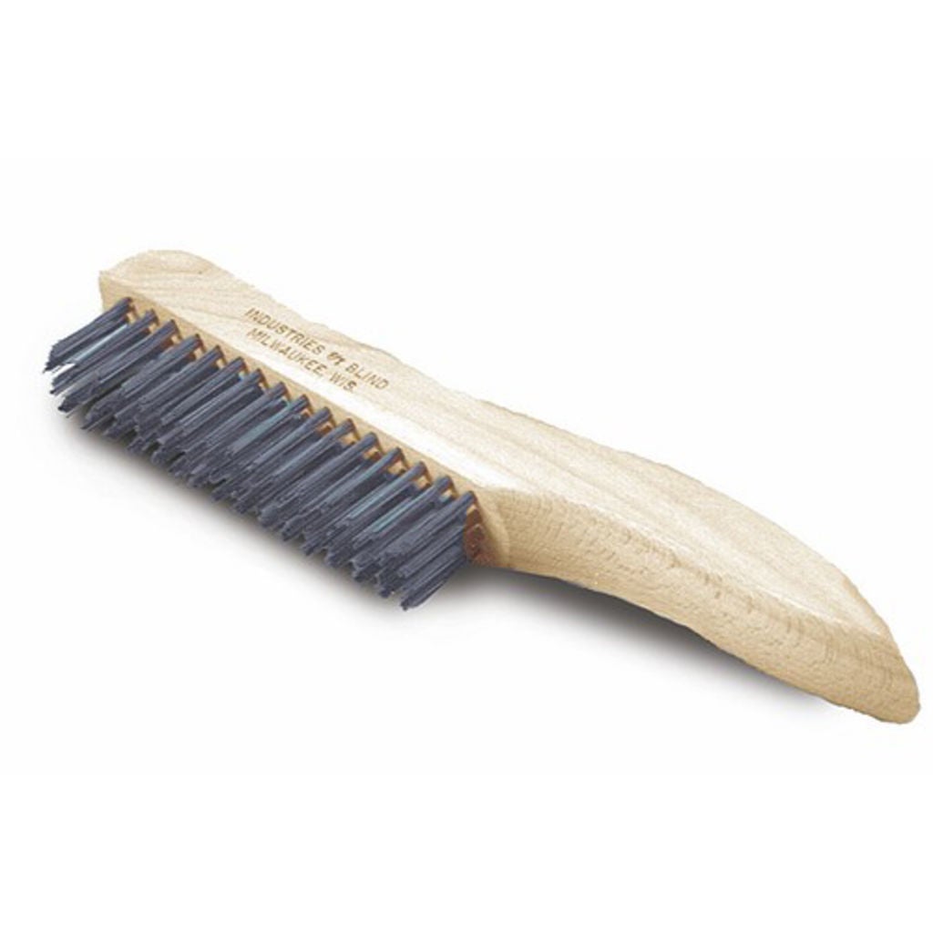 SCRUB AWAY PAINT, RUST, AND ACID STAINS WITH THIS STEELWIRE BRUSH DESIGNED FOR CLEANING STAINLESS STEEL, MONEL OR ALUMINUM. OFFSET SHOE HANDLE IS MADE OF WOOD OR MOLDED PLASTIC