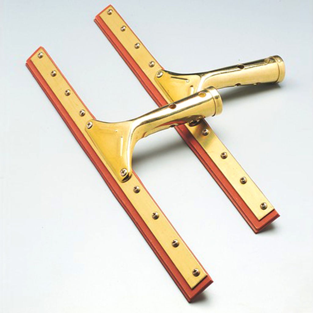 WIPE WINDOWS CLEAN WITH THIS EFFICIENT SQUEEGEE THAT HAS A 1 DIAMETER SOCKET FOR MOUNTING HANDLE (NOT INCLUDED). FEATURES A DOUBLE REPLACEMENT RUBBER BLADE SET IN A TWOPIECE BRASS FRAME. USE WITH WOODEN UTILITY HANDLE, NSN 7920001775106.