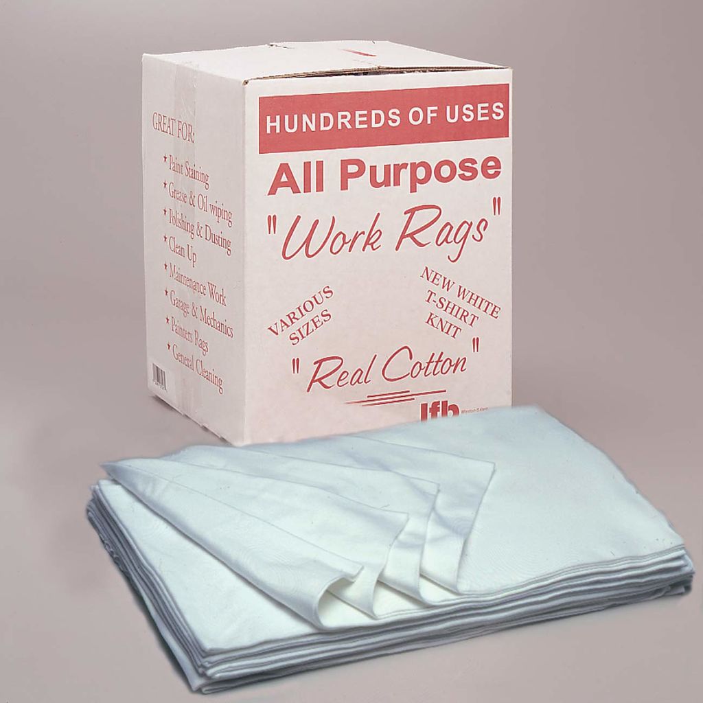 HIGH QUALITY, ALLPURPOSE, WHITE 100% COTTON TSHIRT KNIT WIPING RAGS OF VARIOUS SIZES ARE PERFECT FOR CLEANING GREASE, OIL, DUST, AND FOR GENERAL MAINTENANCE. PACKAGED IN 5 LB DISPENSER BOX..5LB. BOX OF RAGS IN VARIOUS SIZES