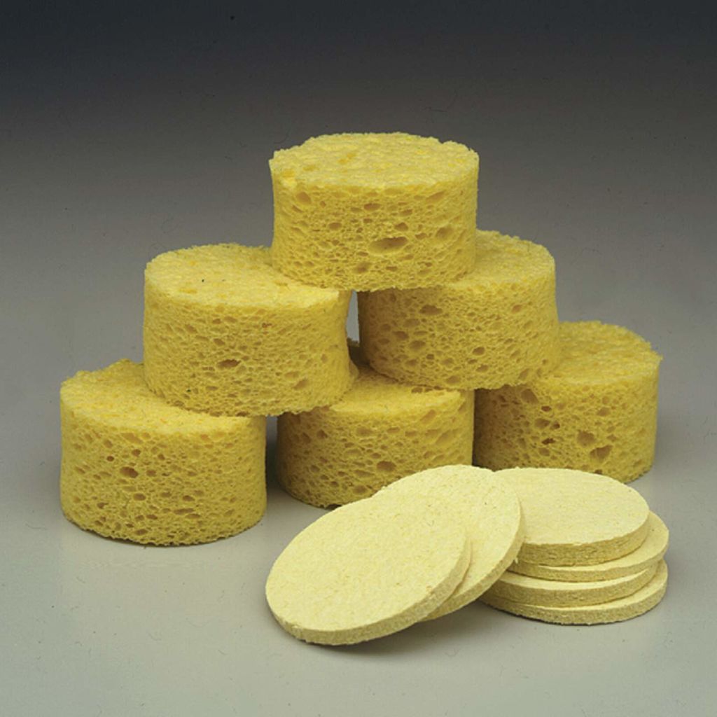 SPONGE IS COMPRESSED BY 80 PERCENT FOR INCREASED STORAGE EFFICIENCY. THIS DURABLE AND ABSORBENT SPONGE IS INTENDED FOR GENERAL CLEANING WITH COMMERCIAL DETERGENTS, SOAPS AND CLEANING AGENTS. SOFT AND PLIABLE WHEN WET, SPONGE IS MADE OF REGENERATED CELLULO