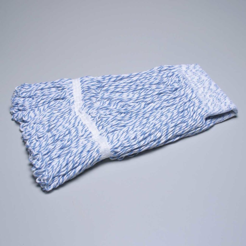 Industry standard color code for finishing, this loopedend mop is constructed of tightly twisted synthetic yarn offering excellent retain and release properties required for applying floor finishes.  Blue Medium Finishing