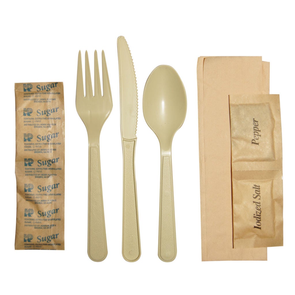 BIOBASED PLASTIC FLATWARE DINING PACKET (KNIFE,SPOON, FORK) 25/BAG
