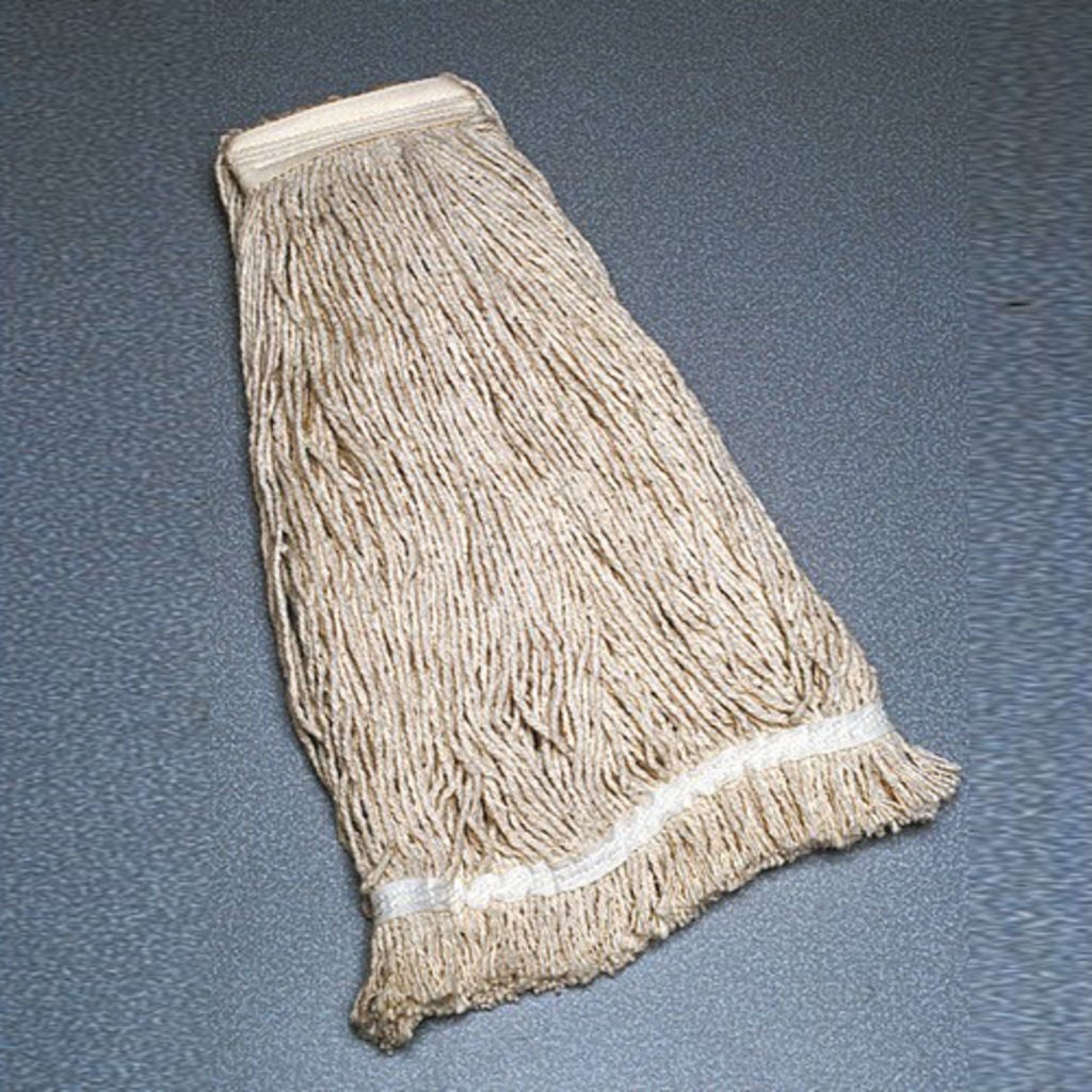 DESIGNED FOR WET MOPPING, MOP HEAD HAS A NARROW, 1 1/4 WIDE COTTON TWILL HEADBAND. 4 OR 5PLY COTTON/RAYON YARN, FOLDED IN HALF AND SEWN ONTO HEADBAND. NATURAL COLORED YARN HAS A 3/4 WIDE TAPE TAIL BAND SEWN STRAIGHT ACROSS APPROXIMATELY 1 1/2 TO 2 FROM TH