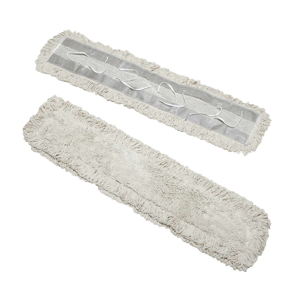 DISPOSABLE MOP HEAD IS CENTER TUFTED WITH 100% NATURAL COTTON YARN PUNCHED THROUGH 5.0 OZ/SQ YD DUPONT TYPAR NONWOVEN SYNTHETIC BACKING. THE MOP HEAD IS LOOP FRINGED COTTON YARN SEWN AROUND EDGE OF MOP HEAD AGAINST EDGE OF CENTER TUFTING AND PRETREATED WI