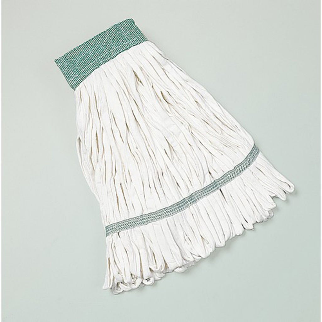 MOP HEAD IS CONSTRUCTED OF LOOPEDEND, KNITTED COTTON/POLYESTER FLEECE AND 51/4 GREEN VINYL HEADBAND WITH PRESHRUNK TAIL BAND. DESIGNED FOR ROUGH OR TEXTURED SURFACES SUCH AS TILE, CONCRETE AND NONSLIP FLOORS. MOP HEAD IS LAUNDERABLE. MANDATORY ONLY FOR TH