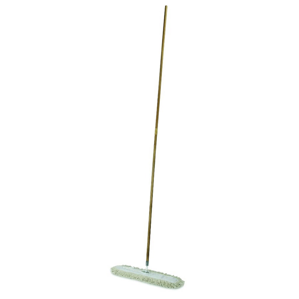 HAS A FOUR FOOT WOODEN HANDLE AND A FOUR FOOT EXTENSION FOR CLEANING HARDTOREACH PLACES. WIRE FRAME HAS ROUNDED ENDS AND MEASURES 22 X 31/2 WITH MOP HEAD. FOR USE WITH REPLACEMENT DUST MOP HEAD 7920002050488. INCLUDES BOTH MOP HANDLE, FRAME AND MOP HEAD. 