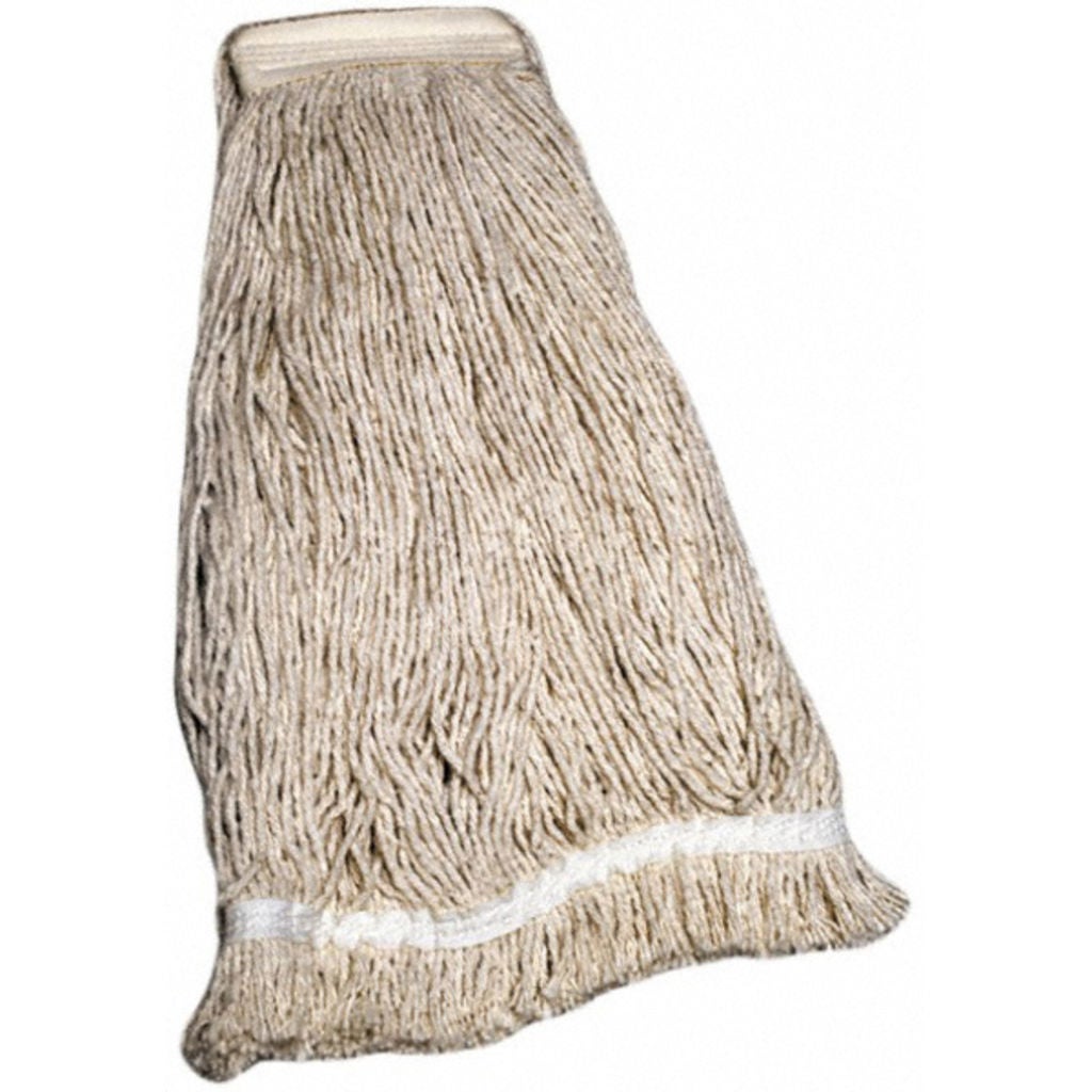 DESIGNED FOR WET MOPPING, MOP HEAD HAS A NARROW, 1 1/4 WIDE COTTON TWILL HEADBAND. 4 OR 5PLY COTTON/RAYON YARN, FOLDED IN HALF AND SEWN ONTO HEADBAND. NATURAL COLORED YARN HAS A 3/4 WIDE TAPE TAIL BAND SEWN STRAIGHT ACROSS APPROXIMATELY 1 1/2 TO 2 FROM TH