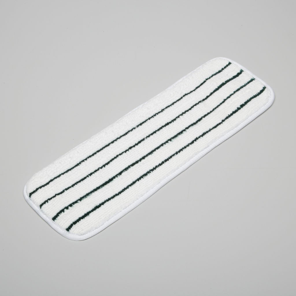 18 MICROFIBER FLAT MOPS OFFER PATENTPENDING DUAL FIBER CONSTRUCTION WITH SCRUBBING STRIPES WHICH ARE COLOR CODED TO PREVENT CROSSROOM CONTAMINATION. CHLORINE BLEACH SAFE. 10 PER BOX.