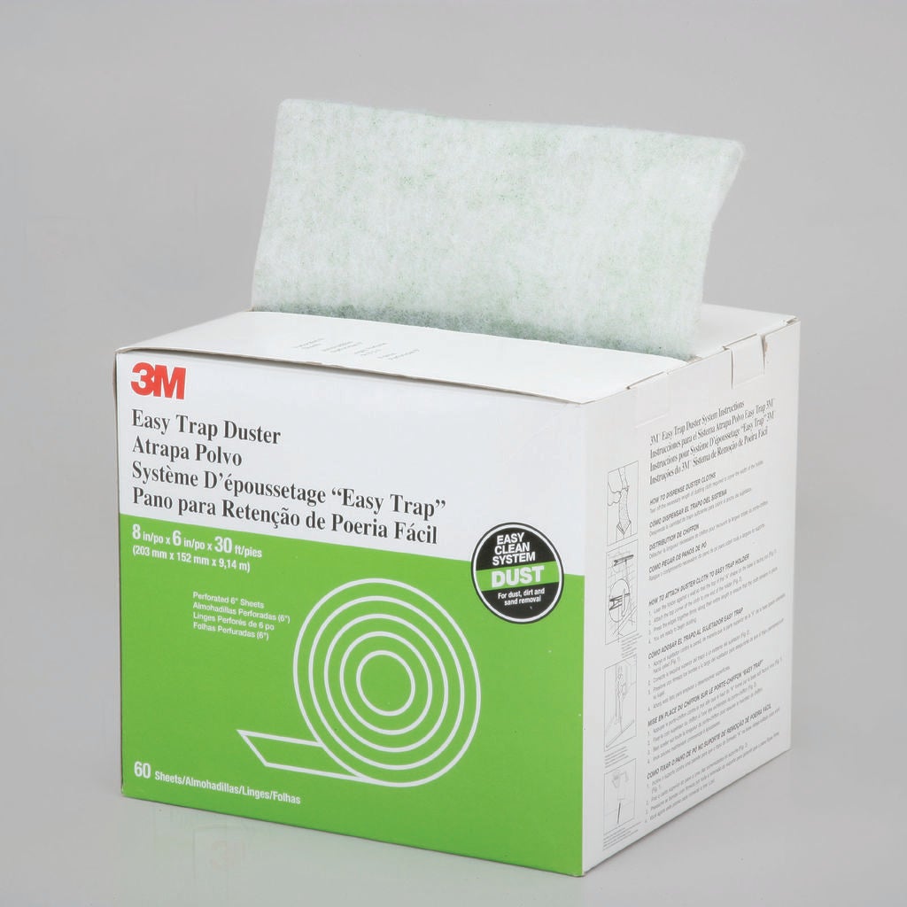 MADE USING QUALITY 3M MATERIALS, EASY TRAP DISPOSABLE DUSTER SHEET HOLDS SIX TIMES MORE DUST, DIRT, SAND, AND HAIR THAN TRADITIONAL MOPS OR OTHER DISPOSABLE SYSTEMS. NONWOVEN THREEDIMENSIONAL TWOSIDED SHEET WITH COATED FIBERS. USE FOR HAND DUSTING OR WITH