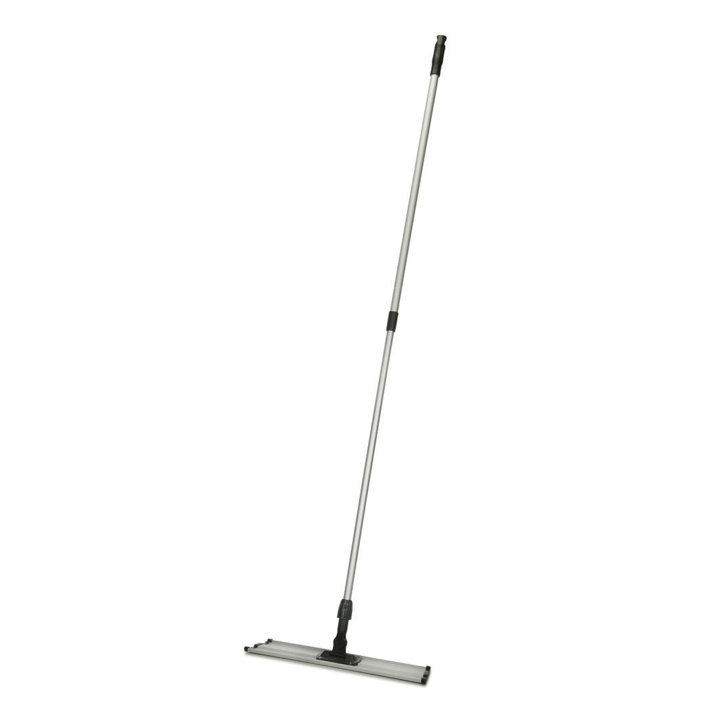 FLAT MOP HANDLE AND FRAME ARE CONSTRUCTED OF STURDY ALUMINUM WITH UNIVERSAL PLASTIC SWIVEL CONNECTOR. FRAME HAS RIVETED VELCRO FOR EXTRA DURABILITY AND LONG LIFE. HANDLE EXTENDS FROM 42 TO 72, MAKING IT GREAT FOR WALLS AS WELL AS FLOORS.