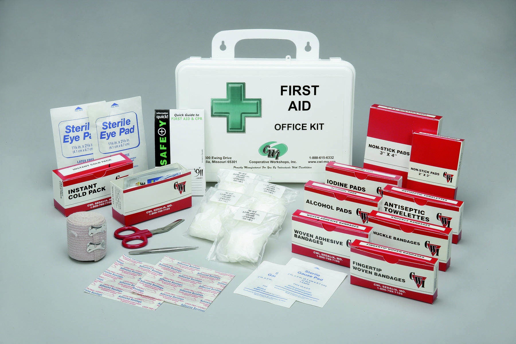 This kit offers a greater variety of first aid items than any other kit of equal style on the market. Items are packed in a sturdy, dustresistant, polypropylene case that is wall mountable.  10 to 15 Person Kit Metal Wall Mountable Case