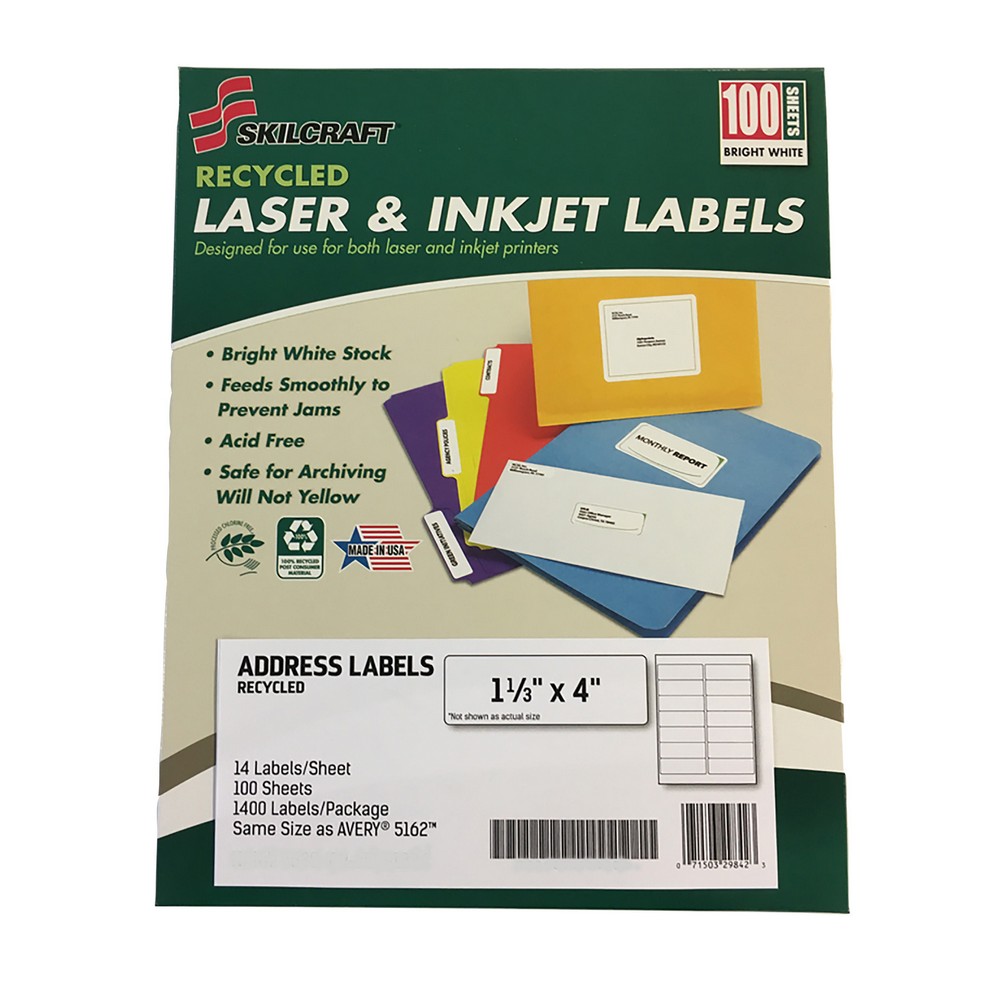 Recycled Laser and Inkjet Labels  Address  11/3 x 4  100 Sheets 11/3 x 4 White Same size as Avery 5162