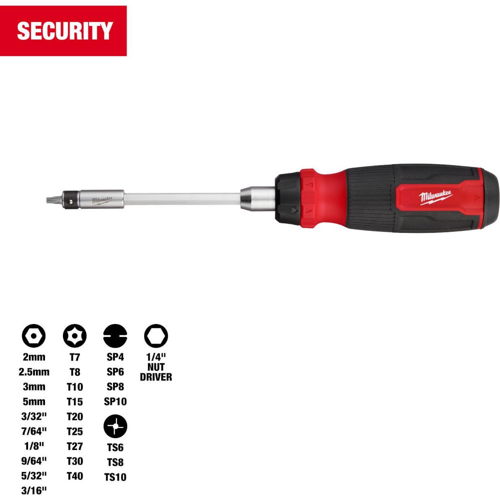 MILWAUKEE TOOL Bit Screwdrivers; Type: MultiBit Screwdriver ; Tip Type: Torx; Spanner; Nut Driver; Hex ; Drive Size (TXT): 1/4 in ; Screwdriver Size Range: Hex: 3/32 in 3/16 in; Nut Driver: 1/4 in; Spanner: #4, #6, #8, #10