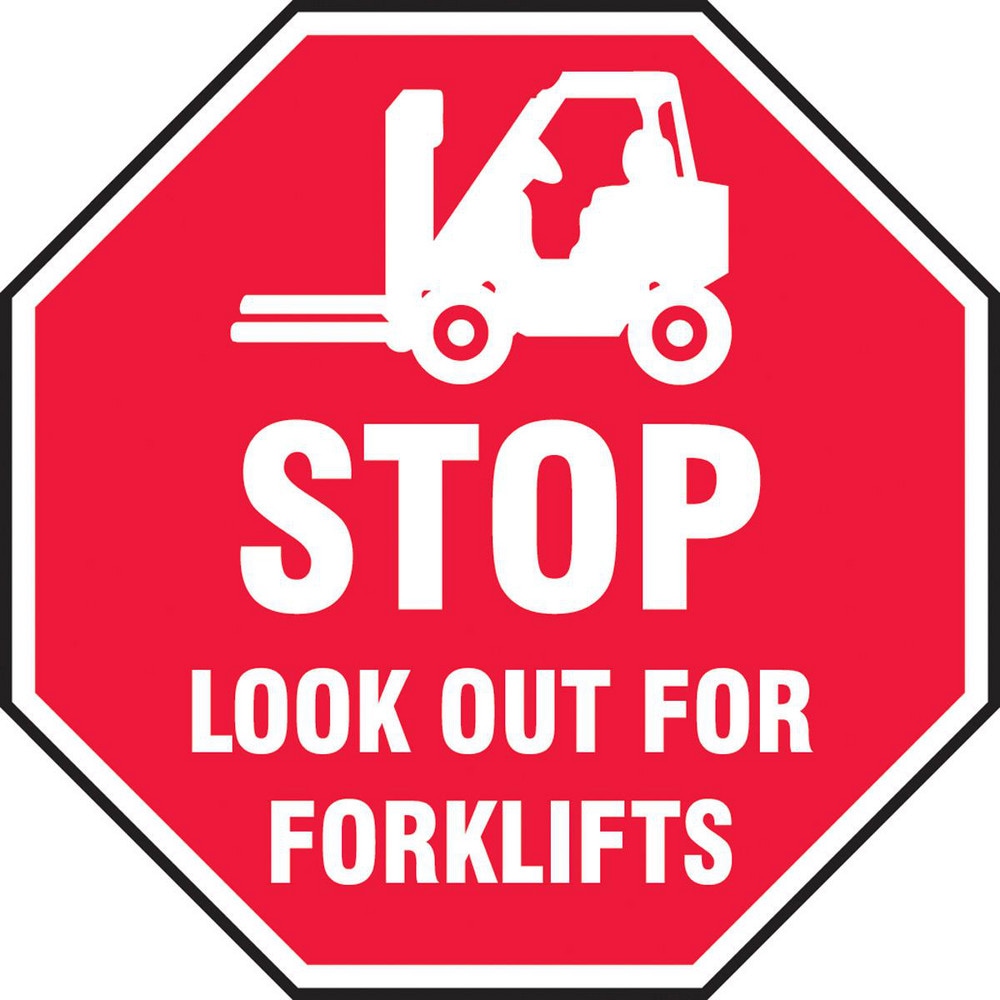 ACCUFORMNMC Adhesive Backed Floor Signs; Message Type: Traffic Control ; Message/Graphic: Message & Graphic ; Message or Graphic: Message & Graphic ; Legend: STOP LOOK OUT FOR FORKLIFTS ; Material: Vinyl ; Legend Color: White