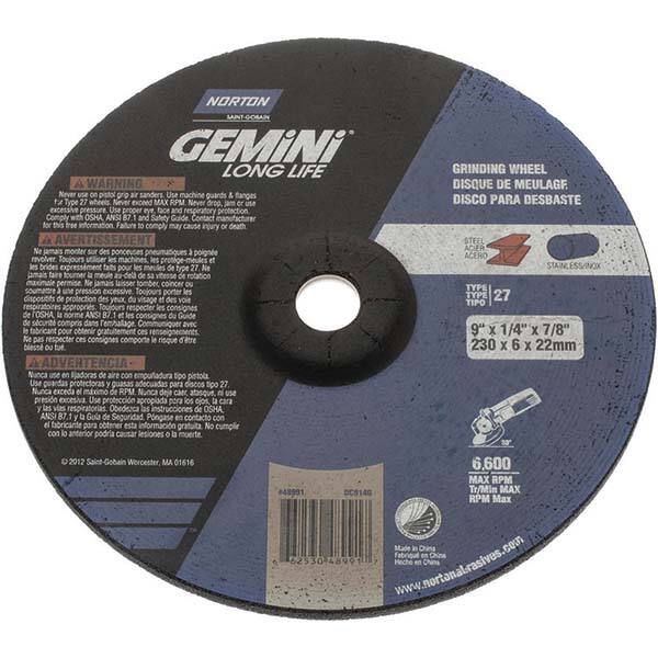 NORTON 9 Wheel Diam, 1/4 Wheel Thickness, 7/8 Arbor Hole, Type 27 Depressed Center Wheel