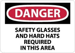 NMC Danger Safety Glasses and Hard Hats Required in This Area, 10 Long x 14 Wide, PressureSensitive Vinyl Safety Sign