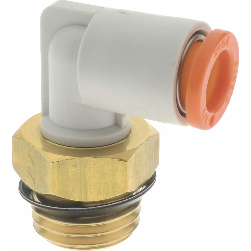 SMC PNEUMATICS 1/4 OD, 1/4 Universal, Brass/Polybutylene PushtoConnect Male Elbow