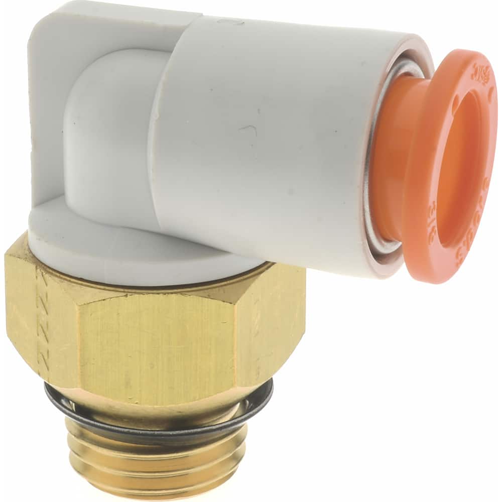 SMC PNEUMATICS 3/8 OD, 1/4 Universal, Brass/Polybutylene PushtoConnect Male Elbow